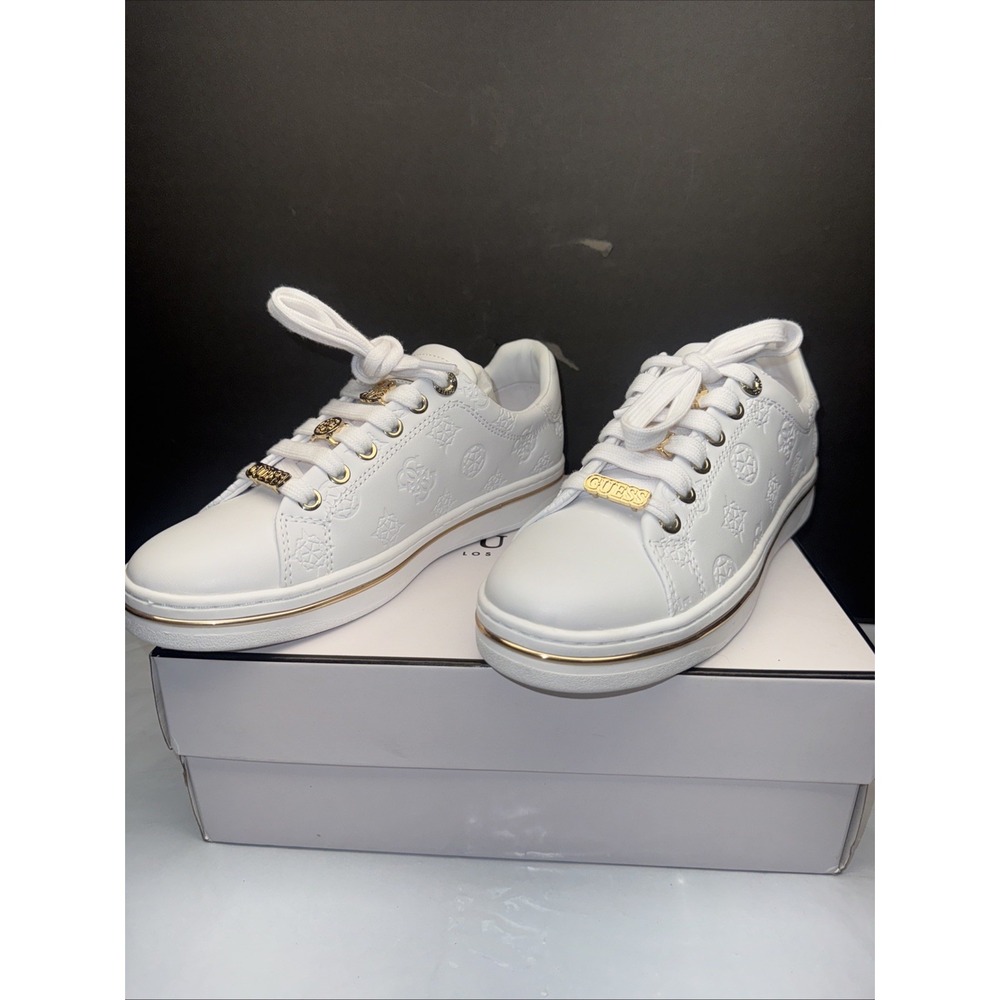 Guess Stasey 4G Logo Lace Up Leather Womens Sneakers In White US 6.5‎ M